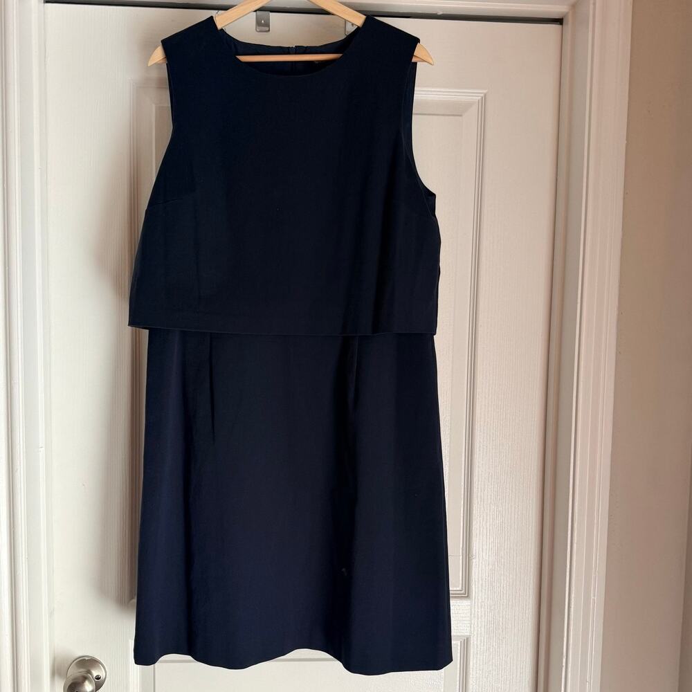Brooks Brothers Navy Blue Dress 16 Layered Shift Sheath Button Back Cotton Blend